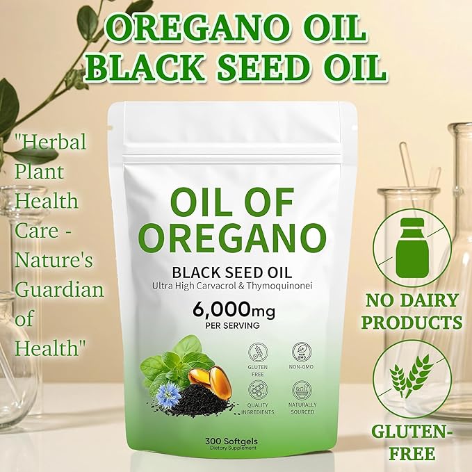 Oil of Oregano Softgels 300 Count Non-GMO | 2 in 1 Formulated with 4X Strength Carvacro | Black Seed Oil l &amp Thymoquinone | Plant Based
