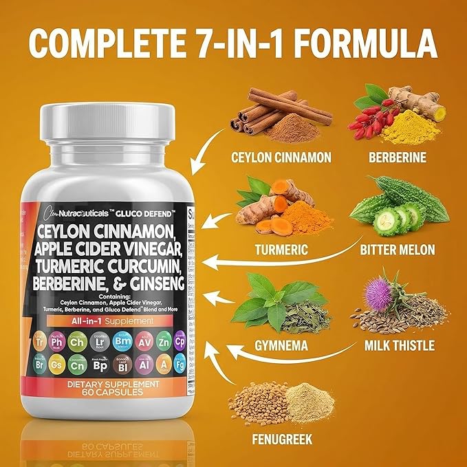 Clean Nutraceuticals Ceylon Cinnamon Capsules + Berberine Turmeric Apple Cider Vinegar Ginseng Bitter Melon Gymnema Milk Thistle Fenugreek Supplement Pills Powder for Men &amp Women