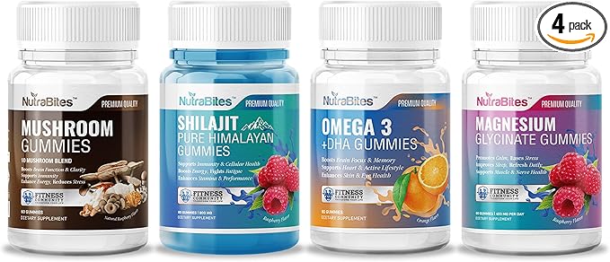 Mind and Memory Boost Wellness Bundle - Mushroom Shilajit Omega 3 and Magnesium Gummies - Supports Focus Mental Clarity and Brain Health - 4-Pack for Cognitive Support