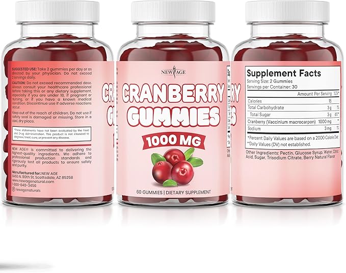 NEW AGE Cranberry Gummies Urinary Tract Health Gummies 1000mg - Supports Bladder Kidney UTI - Vegetarian (Cranberry 60 Gummies)