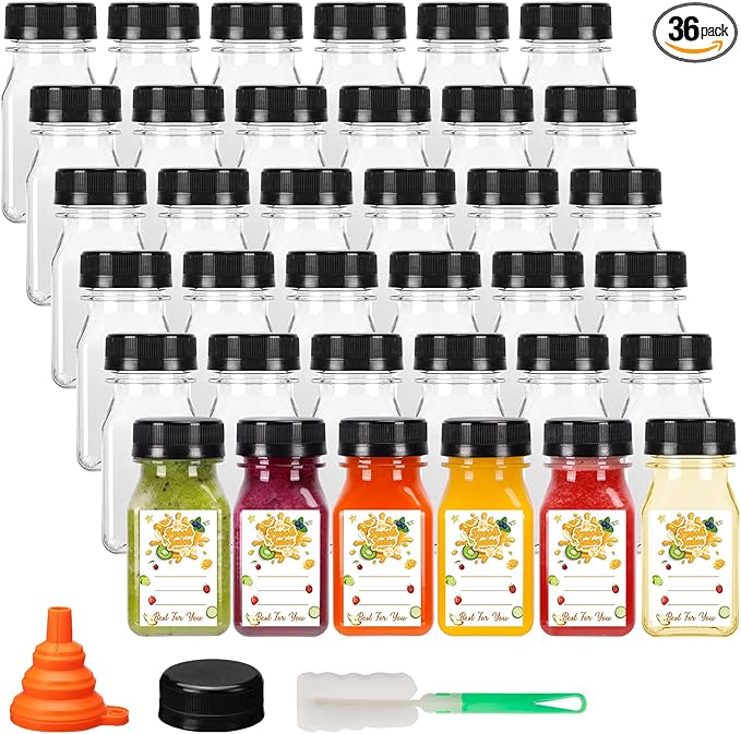 BAKHUK 36pcs 4oz Small Plastic Juice Bottles with Caps Empty Reusable Clear Bulk Beverage Containers for Juice Milk and Other BeveragesSuitable for Christmas Parties