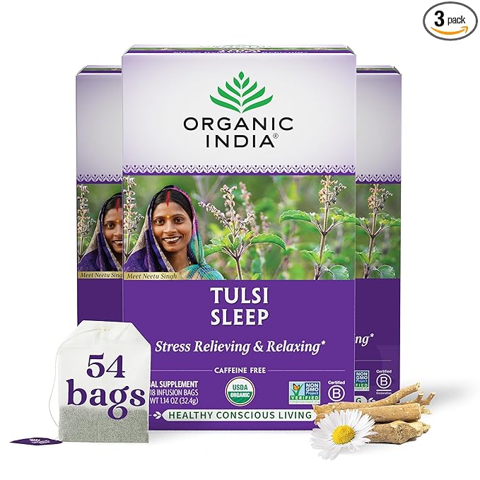 ORGANIC INDIA Tulsi Sleep Herbal Tea - Holy Basil Ashwagandha Chamomile Night Time Tea for Bedtime Stress Relieving &amp Relaxing Immune Support USDA Certified Organic - 18 Infusion Bags 3 Pac