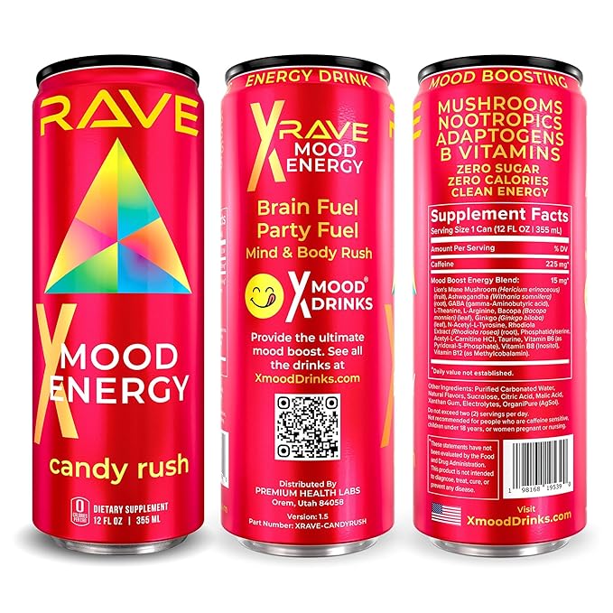 RAVE Mood Energy Drink is Mind Blowingly Different. With Mood-Boosting Functional Mushrooms Nootropics Adaptogens &amp B Vitamins. Experience Mind &amp Body Rush! 225mg Caffeine - Electrolytes - Z