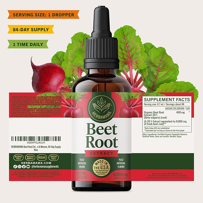 HERBAMAMA Beet Root Extract Drops - Vegan Tincture of Fresh Beets - Non-GMO Alcohol &amp Sugar-Free Supplements for Men &amp Women 84-Day Supply