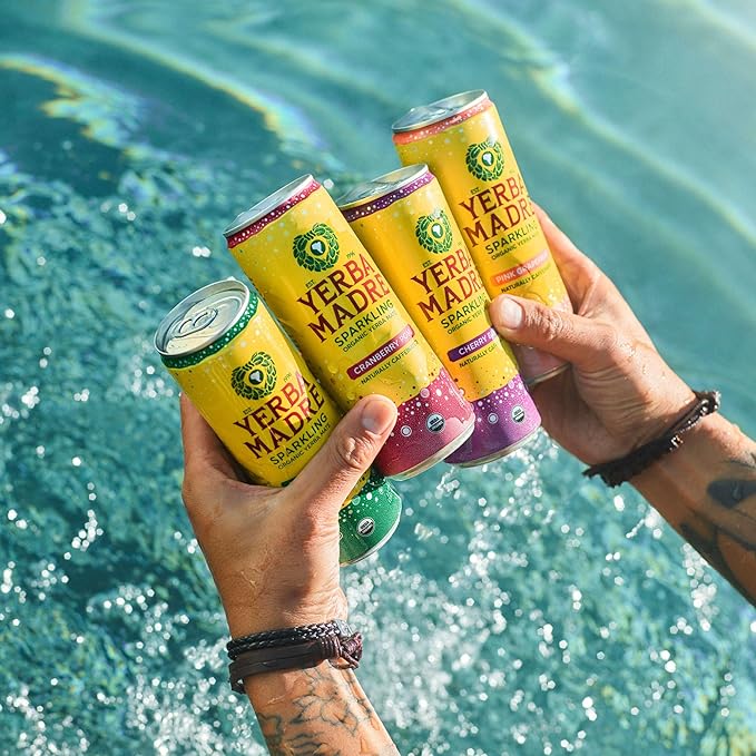 Yerba Madre Organic Sparkling Yerba Mate Cranberry Pom 115mg Natural Plant Based Caffeine Smooth Energy &amp Focus Carbonated 12oz Cans (Pack of 12) (Packaging May Vary)