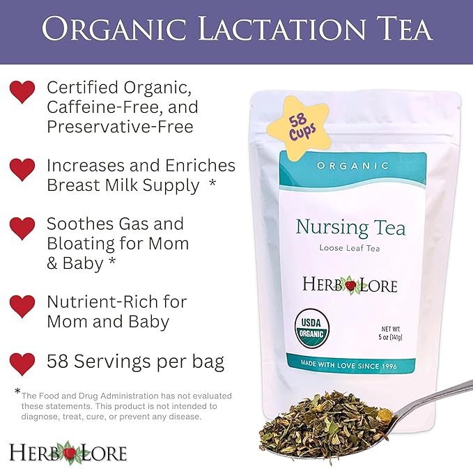 Herb Lore Organic Nursing Tea - 58 Servings - Loose Leaf - Fenugreek Free Lactation Tea with Moringa for Breastfeeding Moms