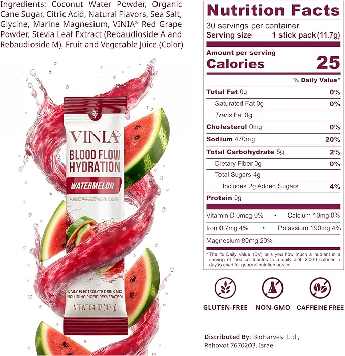 VINIA Resveratrol Electrolyte Hydration Powder Mix | Boost Blood Flow &amp Circulation | Sea Salt Coconut Water Potassium Magnesium Informed Sport Certified (30 Sticks Watermelon)