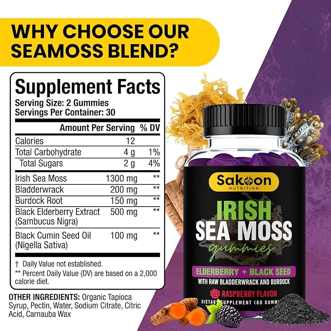 Sakoon nutrition Irish Sea Moss Gummies with Elderberry &amp Black Seed Oil - Overall Wellness Support | Rich in Vitamins Raspberry Flavor | 60 Gummies