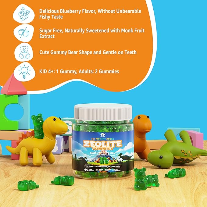 Zeolite Dêtõx for Kids &amp Adults Sugar Free Kids Tõxin Dêtõx Gummies w/ Chlorella Spirulina Minerals Choline - Gentle Heavy Mêtâl Dêtõx for Digestive Immune Focus Energy Bone Vegan 120cts