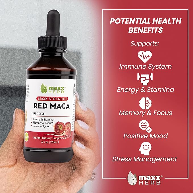 Maxx Herb Red Maca Root Extract - Max Strength Liquid Drops Absorb Better Than Powder or Capsules for Stamina Memory and Focus - 4 Oz Bottle (60 Servings)