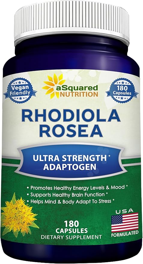 aSquared Nutrition Rhodiola Rosea Supplement 1000mg - 180 Vegan Capsules - Max Strength Rhodiola Root Extract Pills Improve Pure Energy Brain Function &amp Stress Relief -Golden Root Herb Powder Tab