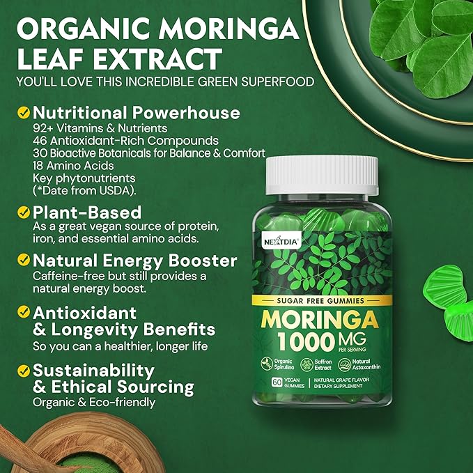 Moringa Gummies 1000mg + Spirulina Saffron Ashwagandha &amp Natural Astaxanthin 4 mg | Energy Mood Immune &amp Gut Health Green Superfood | Chewable Moringa Supplement for Women Men Sugar Free