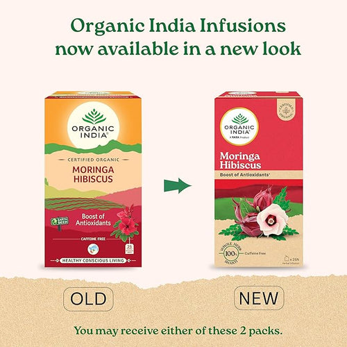 A TATA Product - Organic India Moringa Hibiscus Infusion 25 Tea Bags Certified Organic Antioxidant-Rich Caffeine-Free Whole Herb Blend