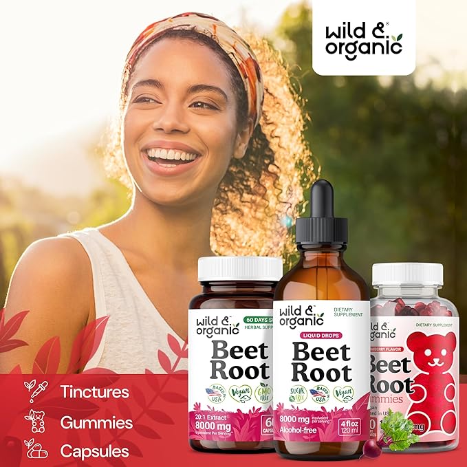 Wild &amp Organic Beet Root Extract Drops - 8000 mg Fresh Beetroot Extract Equivalent - Extract 20:1 - Liquid Red Beets Supplements - 400 mg per Serving - Vegan Alcohol &amp Sugar-Free - 4 fl oz