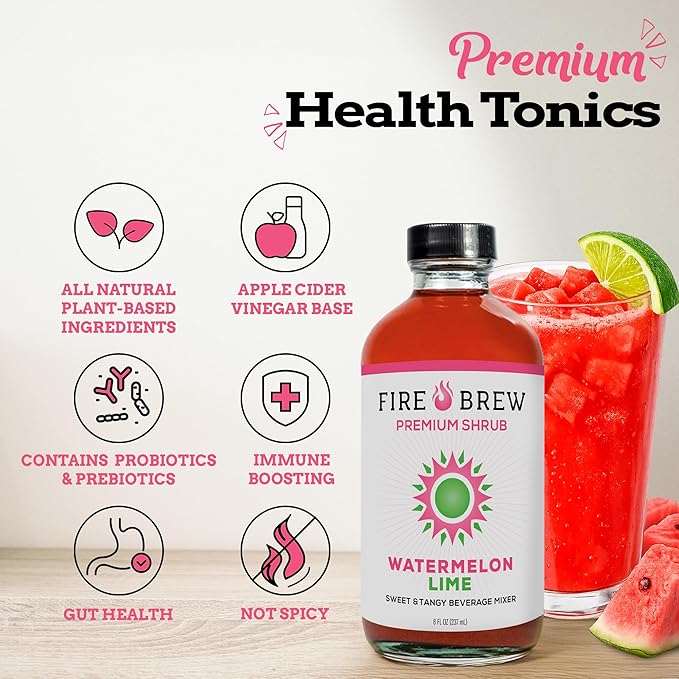 Fire Brew Premium Shrub – Watermelon Lime Shrub | 16 Concentrated Servings of Organic Ingredients for Bright Sweet Tart Flavor with Watermelon Lime Peppermint and Honey – 8oz