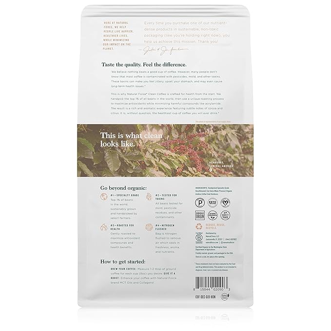 Natural Force - Organic Clean Decaf Coffee Mold &amp Mycotoxin Free Lab Tested for Toxins &amp Purity Low Acidity Incredible Taste &amp Aroma Ground Swiss Water Decaf Medium Roast 10 oz