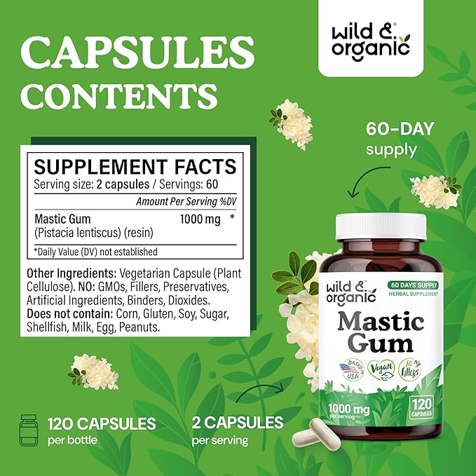 Wild &amp Organic Mastic Gum Capsules - 1000 mg Mastic Gum Resin Supplement for Gut Support - 2 Month Supply - 120 Vegan Capsules - No Fillers Non-GMO Gluten-Free