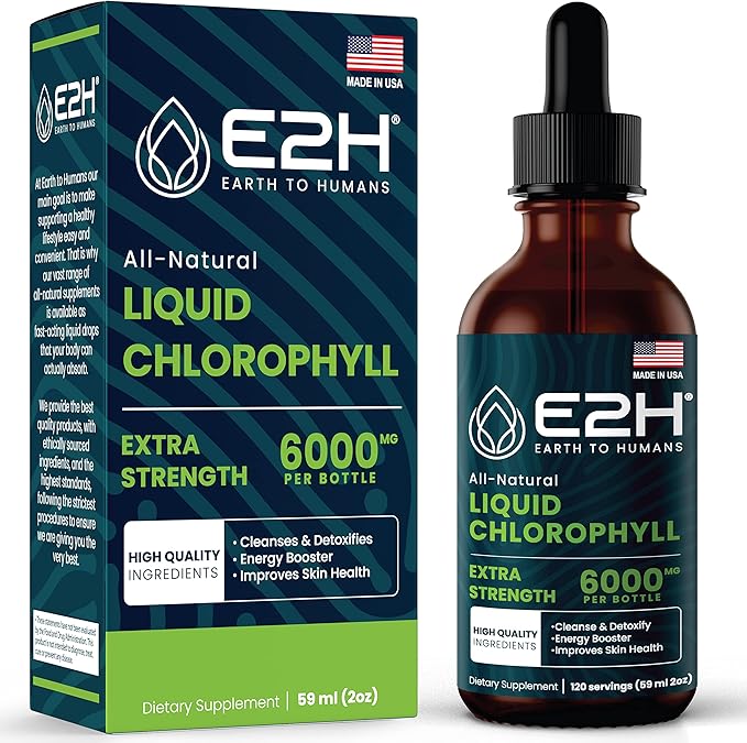 E2H Chlorophyll Liquid Drops - All-Natural Flavored Energy Booster Immune System Support and Internal Deodorant - Vegan - Gluten Free - Non-GMO - 2 Fl Oz