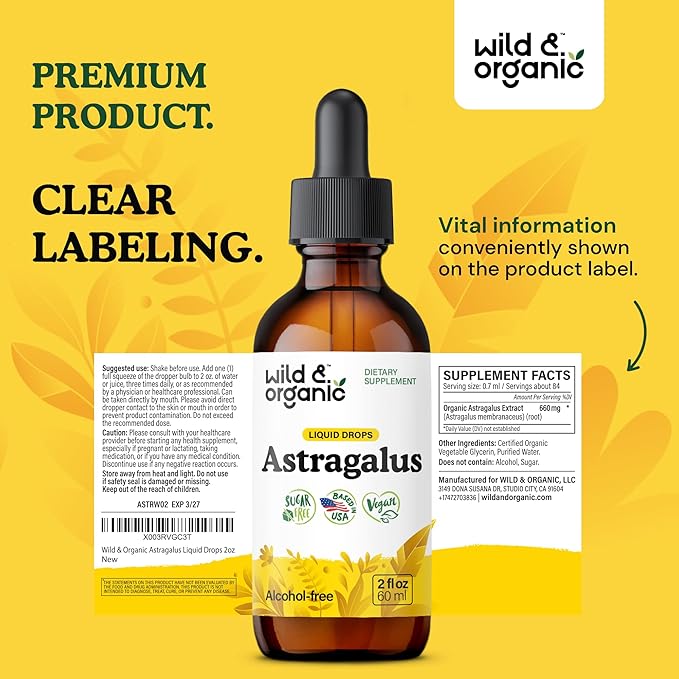 Wild &amp Organic Astragalus Extract Drops - Immune Support - Liquid Astragalus Root Supplement - Add to Tea &amp Mix with Powder - Membranaceus Herb - Vegan Sugar &amp Alcohol-Free Tincture - 2 f