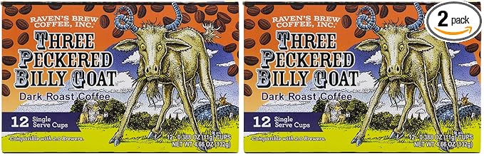 Raven’s Brew Coffee High Caffeine Dark Roast K-Cup Compatible Single Serve Pods — Three Peckered Billy Goat 12ct (Pack of 2)