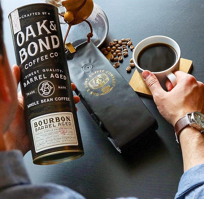 Oak &amp Bond Coffee Co. Bourbon Barrel Aged Coffee Brazil Single Origin Whole Bean Medium Roast - Chocolate Caramel Mandarin Orange Sweet Bourbon Flavors - 10oz