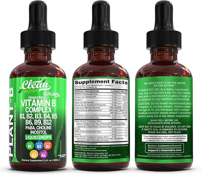Vitamin B Complex Liquid Drops | Thiamine B1 B6 B2 B3 B4 B5 B7 B9 B12 Niacinamide Paba Choline Inositol Taurine Probiotics Beet Root Spirulina - Plant-B Vitamin Supplements by Clean Nutra