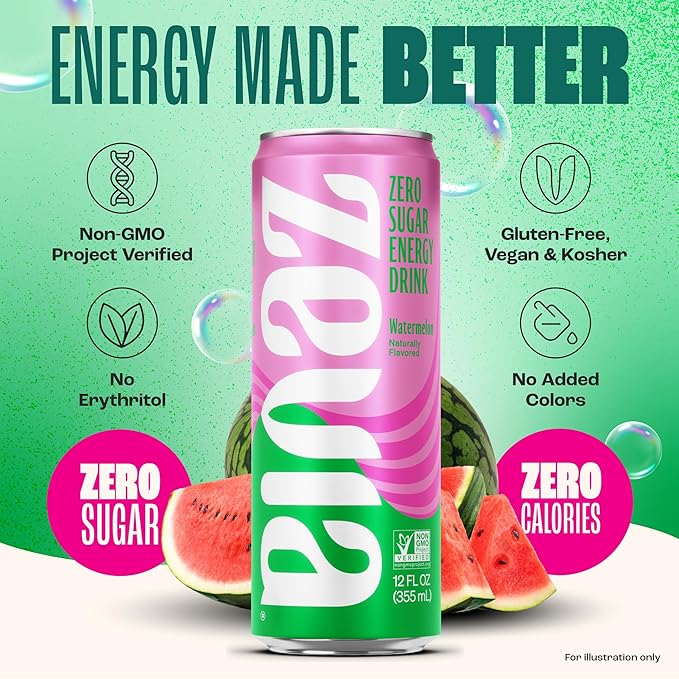 Zevia Zero Sugar Energy Drink Watermelon 12 oz Cans (12-Pack) – Naturally Sweetened Non-GMO Project Verified Gluten-Free Vegan