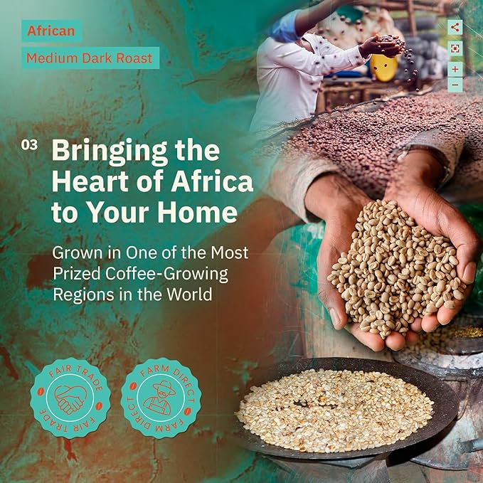 Kochere Horn of Africa Signature Blend Whole Bean Coffee – 1LB – Single Origin Components Freshly Roasted to Order – Artisanal Medium Roast – Bold Complex and Fruity Notes – Organic Farm Direct Sp