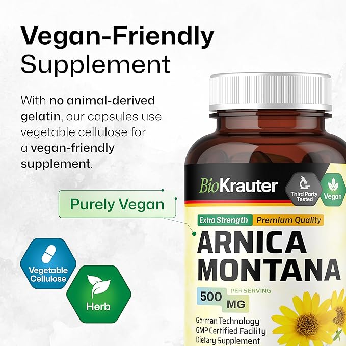 BIO KRAUTER® Arnica Montana for Bruising and Swelling - Vegan &amp Pure Arnica Supplement in Capsules 500 mg per Serving 100 Caps - Used for Daily Wellness - No Fillers Non-GMO - 100 Days of Supply