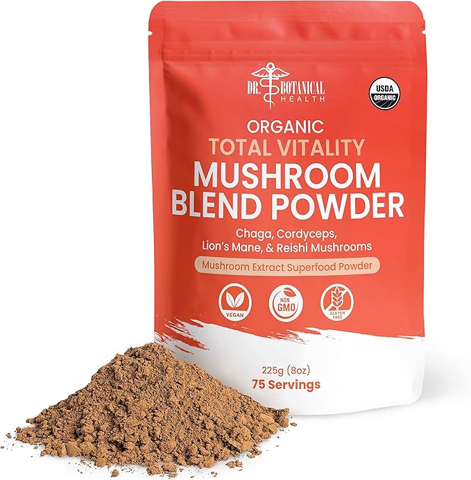 Organic Mushroom Powder Blend - 4-in-1 Reishi Lion’s Mane Cordyceps and Chaga Mushroom Supplement Extract Complex Mushroom Blend Powder for Immune Boost &amp Brain Support Add to Coffee Tea or W