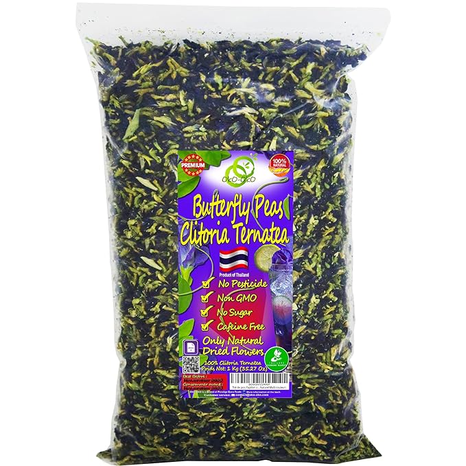 Butterfly Pea Tea 35.27 Oz / 1 kg | OkO-OkO - Premium - WHOLE DRIED FLOWER from Thailand - Blue natural infusion - Herbal tea - Organic Vegan food coloring - Natural color changing cocktail and meal