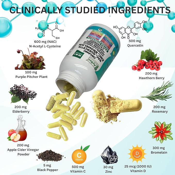 NAC-n-acetyl cysteine- Quercetin Zinc Bromelain Supplement | Extra Strength with Vit C D3 Apple Cider Vinegar Elderberry Hawthorn Berry Turmeric | Immune Support|120 Vegan Capsules | USDA Organic
