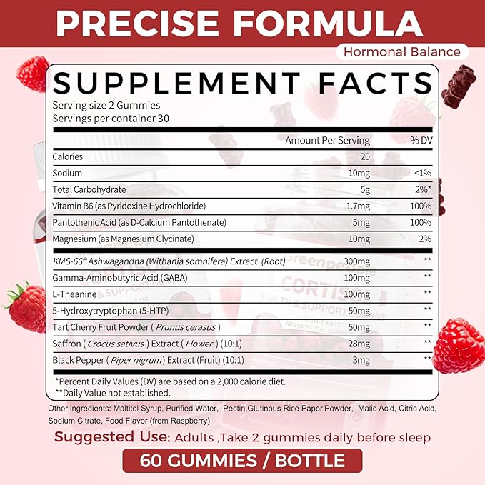 GREENPEOPLE Cortisol Supplements for Women &amp Men - Cortisol Reducer Detox Manager w/KSM-66 Ashwagandha/Magnesium/L-theanine/GABA/Vitamin B6 for Mood/Sleep/Stress Relief 60 CT Raspberry Flavor Gumm