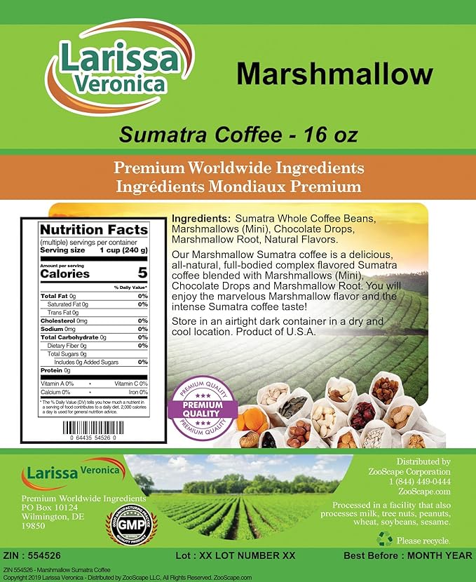 Marshmallow Sumatra Coffee (Gourmet Naturally Flavored Whole Coffee Beans) (16 oz ZIN: 554526) - 3 Pack