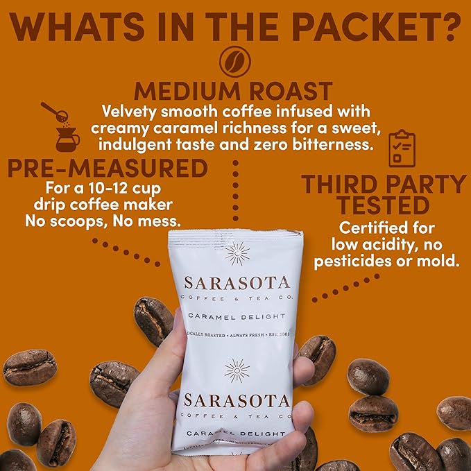 Coffee Packets – Salted Caramel Flavored Ground Coffee Packs | Gourmet Medium Roast Low Acid Mold Free Pre-Measured Pouches for 12 Cup Brewers | 2 oz Single-Pot Bags 36 Count – Sarasota Coffee