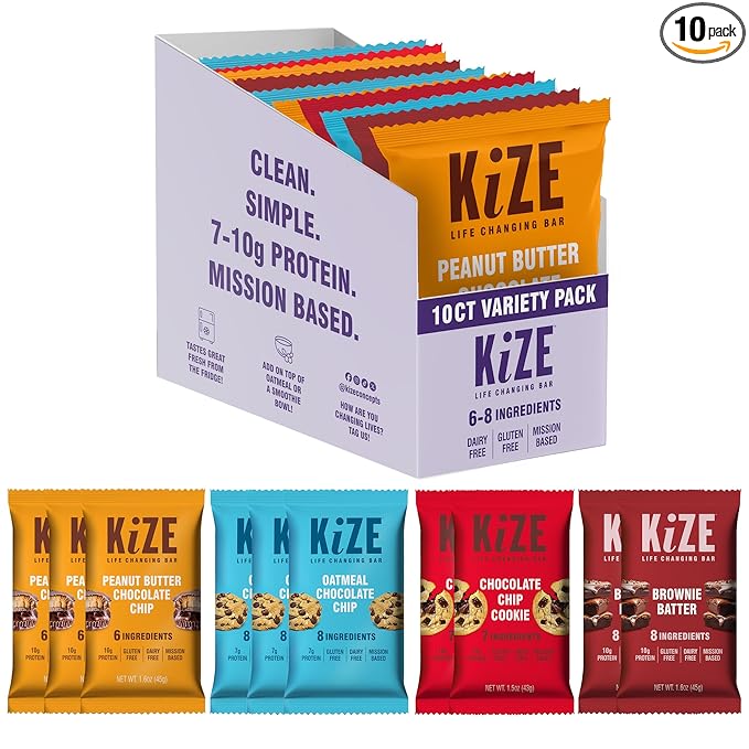 KiZE Energy Bars - Best Sellers Variety Pack - Gluten Free Dairy Free Options Non-GMO and High Protein Meal Replacement Energy Bars Clean and Simple Food Ingredients - 7-10g High Protein Snacks (