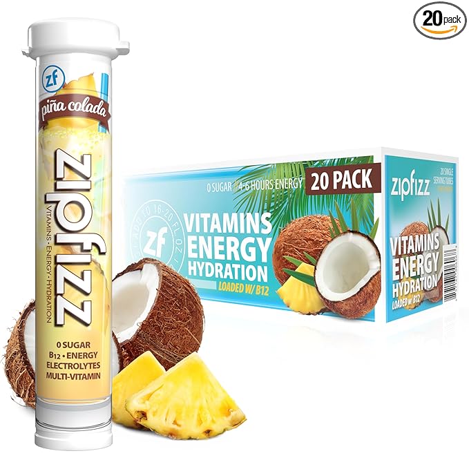 Zipfizz Daily Energy Drink Powder Pina Colada 20 Pack | 3-in-1 Sustained Energy Rapid Hydration and Essential Vitamins | Sugar-Free | Electrolyte Powder | Contains Vitamin B-12 &amp Antioxidants
