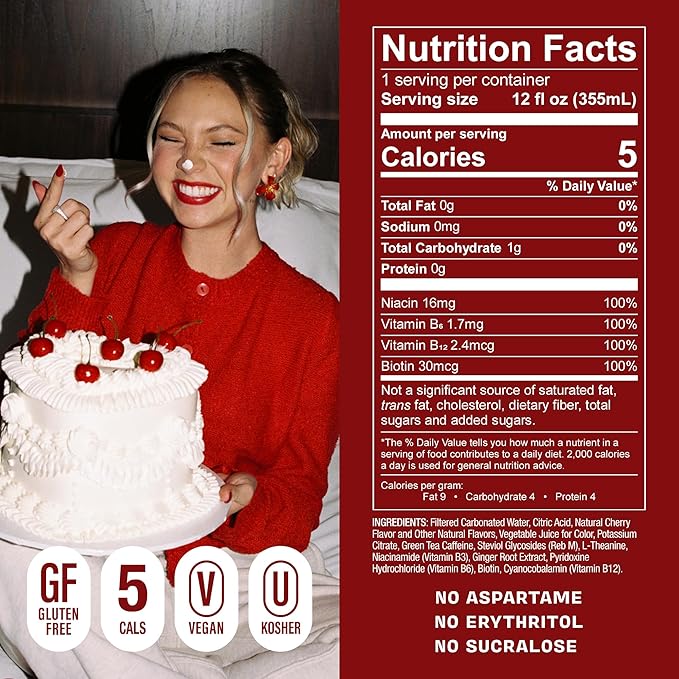 GORGIE Jordyn Jones Cherry Lime Sugar-Free Natural Energy Drink Sparkling Healthy Energy Drinks - Green Tea Biotin B Vitamins -150mg Caffeine Vegan &amp Low Calorie (Pack of 12)