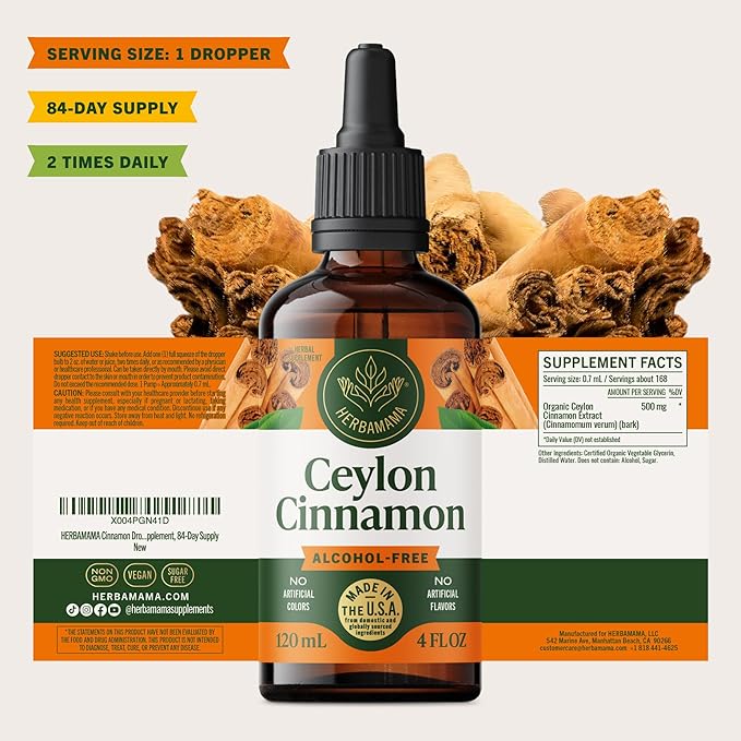 HERBAMAMA Ceylon Cinnamon Extract Liquid - Cinnamon Drops for Antioxidant &amp Overall Support - Non-GMO Alcohol &amp Sugar-Free Supplement 84-Day Supply
