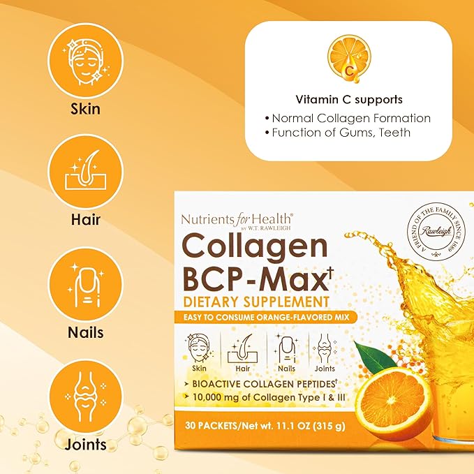Rawleigh Collagen BCP-Max: 30 Travel Friendly Sachets - Delicious Orange-Flavoured Concentrate 10000mg of Hydrolysed Types I &amp III Collagen Peptides Vitamin C for Hair Skin Nails Muscles GMO-
