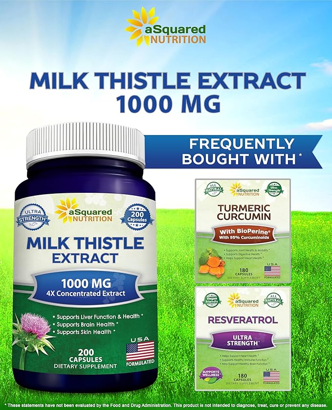 aSquared Nutrition Milk Thistle Supplement 1000mg-200 CapsulesMax Strength 4X Concentrated Extract 4:1 Milk Thistle Seed Powder Herb Pills 1000 mg Silymarin Extract for Liver Support Cleanse Detox