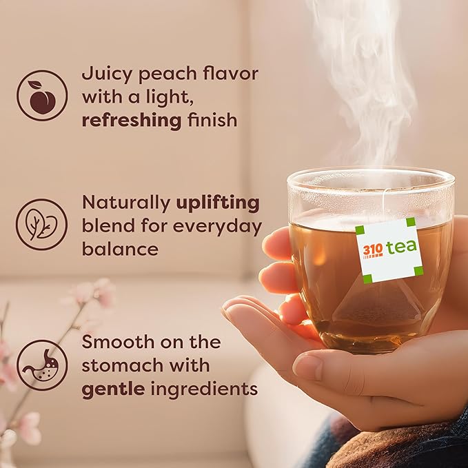 310 Nutrition Peach Flavor Detox Tea – Herbal Tea Sachets for Daily Routine – Green Tea Oolong Blend with Rooibos Yerba Mate – Fruity Herbal Tea Without Sugar Stevia-Sweetened – Pyramid Tea Bags Peac