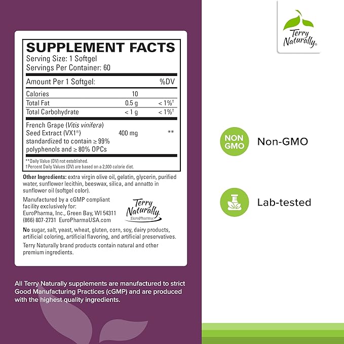Terry Naturally Clinical OPC Extra Strength - Cardiovascular Health &amp Focus Support - Supplement with Grape Seed Extract - Immune Support Supplement - 60 Softgels
