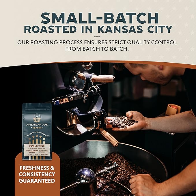 American Joe Coffee Pearl Harbor 100% US Grown Specialty Coffee Roasted in Kansas City Medium-Dark | Whole Bean 12oz Gourmet Artesian Grade American Grown American Made Hawaiian Coffee