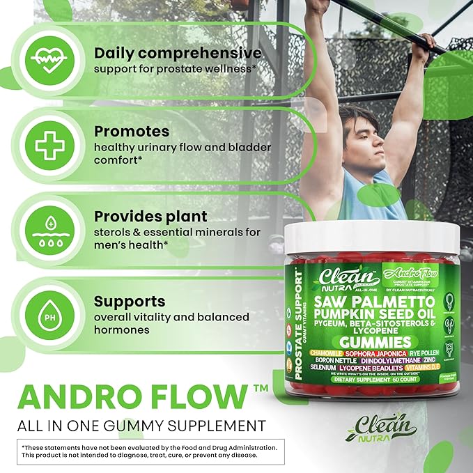 AndroFlow Saw Palmetto and Pumpkin Seed Oil Prostate Health Supplements for Men Pygeum Beta Sitosterol Lycopene Boron Zinc Selenium DIM Stinging Nettle Vitamin D 60 Gummy Supplements by Clean Nutra