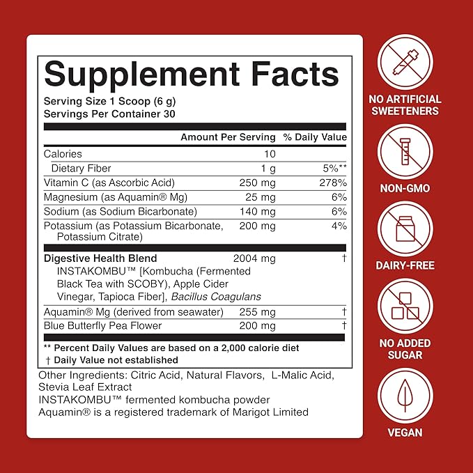 ACTIVATEDYOU Daily Digestive Tonic Kombucha - Support Healthy Digestion &amp Youthful Long-Lasting Energy- Prebiotic Fiber Probiotics Postbiotics Vitamin C Berry Lemonade Flavor (30 Servings)