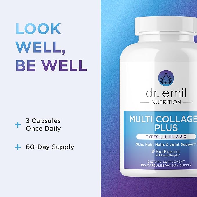 DR. EMIL NUTRITION Women's Multi Collagen Pills | Collagen Supplements to Support Hair Skin Nails &amp Joints | Hydrolyzed Collagen Supplements Types I II III V &amp X | 180 Capsules