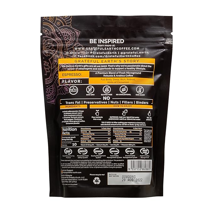 Grateful Earth Mushroom Coffee Espresso Instant Coffee with Cinnamon Turmeric Lion’s Mane Mushrooms L-Theanine Chaga Super Brain Blend Energy &amp Immune Support Dairy &amp Gluten Free 2 Bag