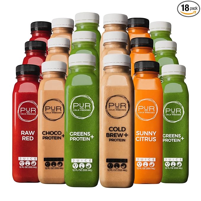 PUR Cold-Pressed Juice – 3-Day Powerhouse Juice Cleanse + Protein – Supports Fullness While Cleansing – Greens Choco and Cold Brew with Plant-Based Protein plus Sunny Citrus and Raw Red – 18 Bottles