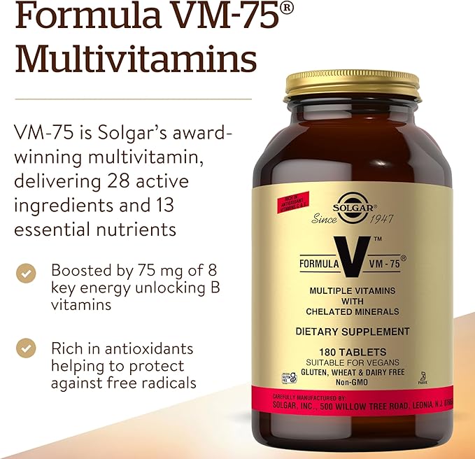 Solgar Formula VM-75 180 Tablets - Multivitamin with Chelated Minerals - Vitamin A B6 B12 C D E - Biotin Magnesium Calcium Iron Zinc - Vegan Gluten Free Dairy Free Kosher - 180 Servings